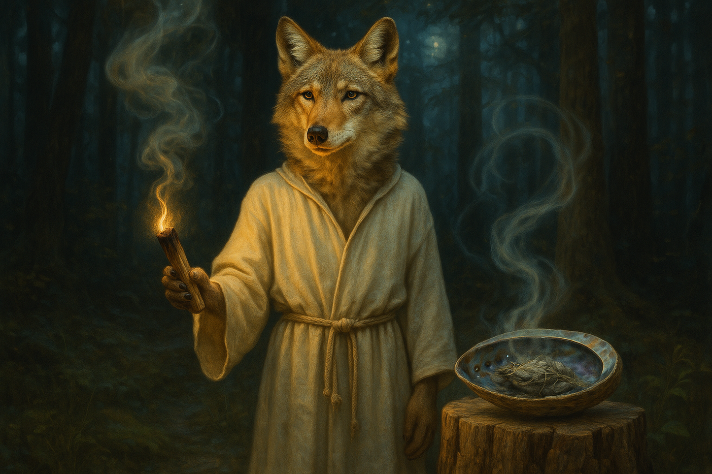 Wolf-like creature in a robe holding a torch in a mystical forest setting
