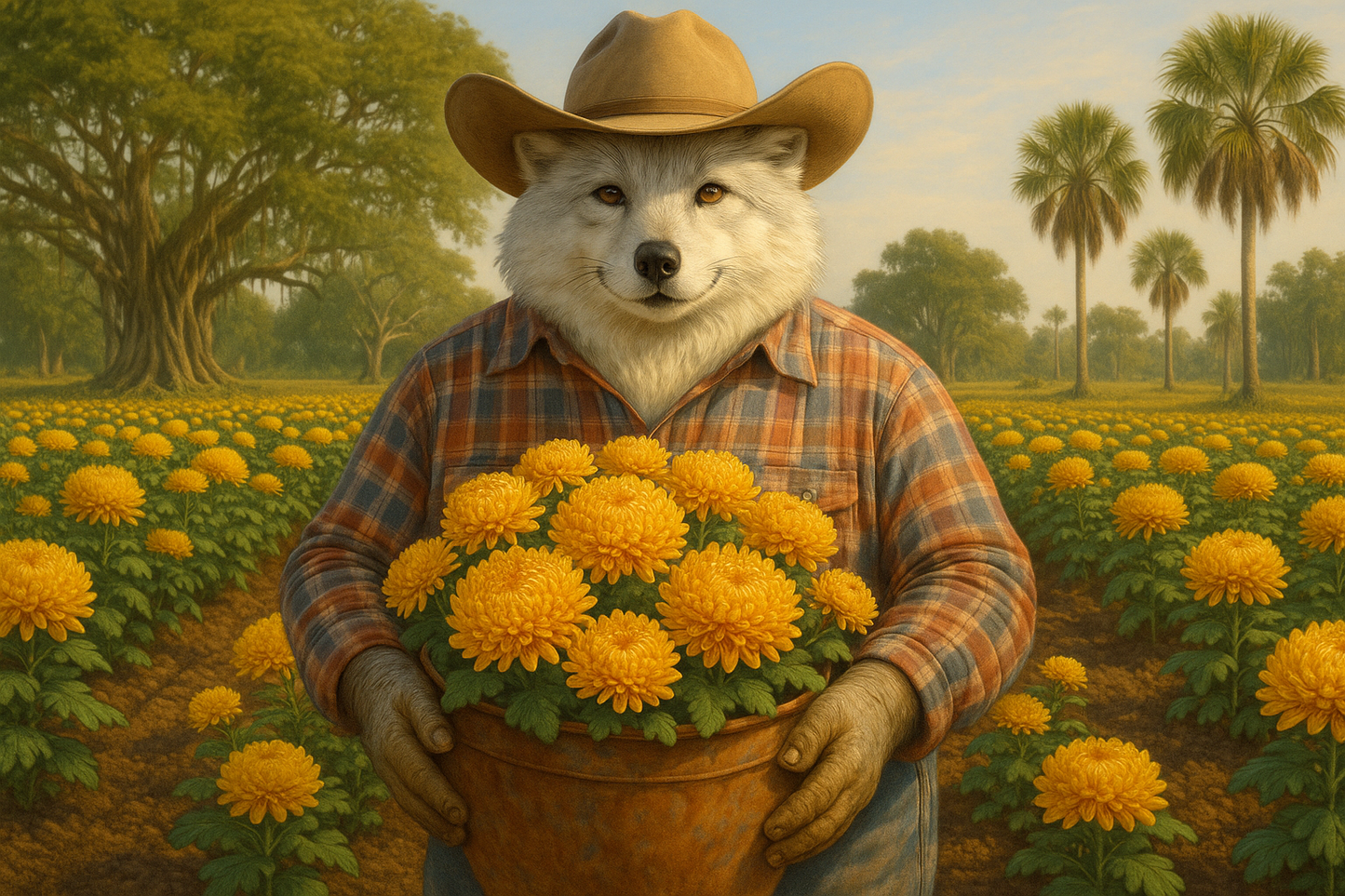 silver fox wearing a cowboy hat and plaid shirt, holding a potted plant in a flower field of yellow mums and palm trees in the distance.