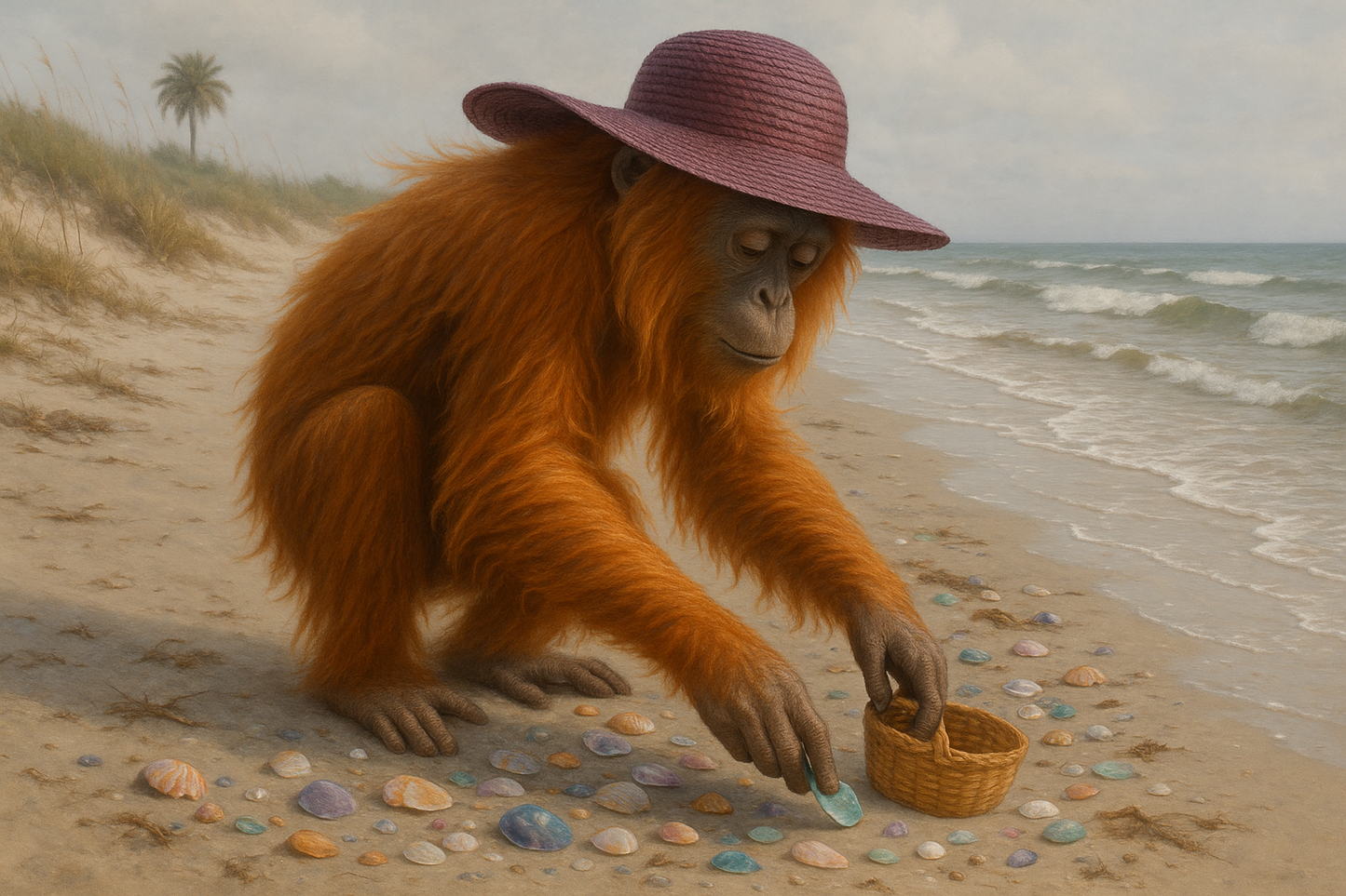 make the backgound less contrived and with fewer palm trees and make the hat plum colored and less floppy