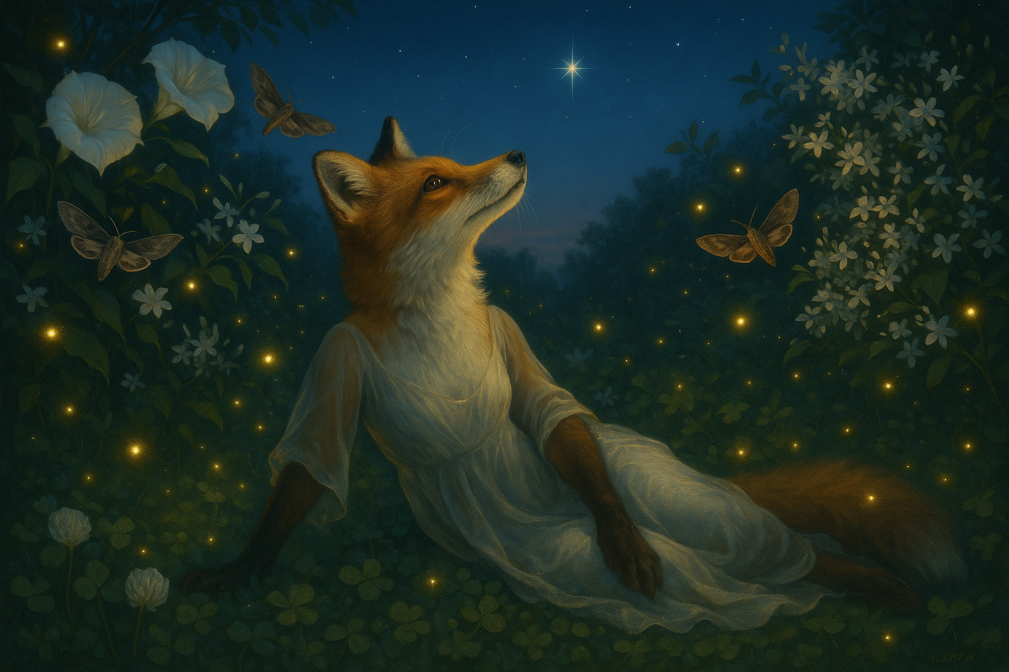 Please make a fantastical, hyper-realistic image in evening with an upright fox, in a semi-translucent gown and fireflies and lighening bugs and sphynx moths and white moon flowers and jasmine bushes and put it into this context:
laying on clover
at predawn
gazing at
bright Venus
so ready
so willing
your nose
inhaling the last of
the night blooms