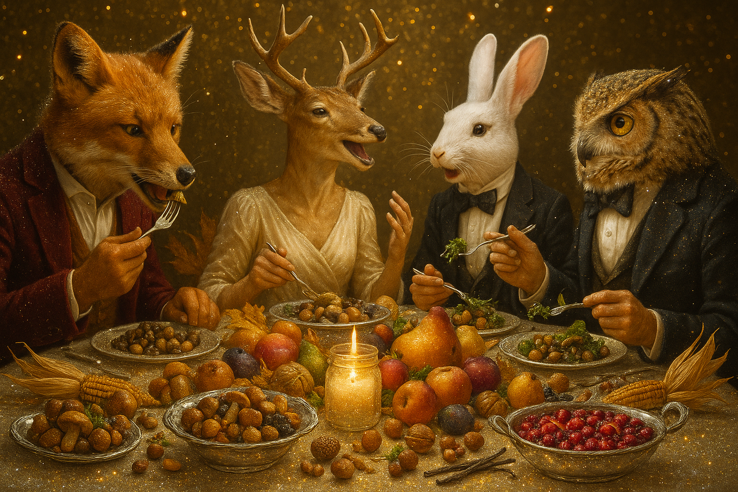 Four animals (fox, deer, rabbit, owl) dressed in formal attire sitting at a table with food and a candle, against a warm, golden background.