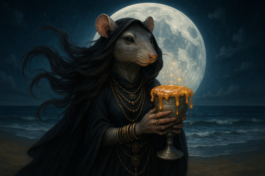 Rat in dark robe holding a glowing cup against a moonlit sea