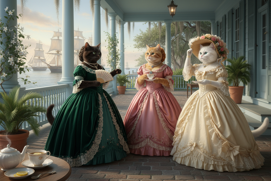 Three cats in vintage dresses on a Charleston porch with a scenic view.