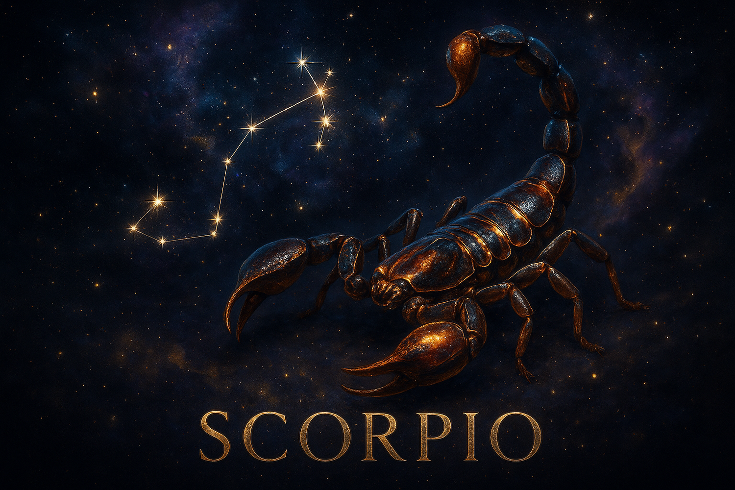 Scorpio zodiac sign with a scorpion illustration against a starry night sky.