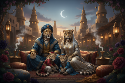 Two humanoid Arabian leopards & cubs in a fantasy setting with towers and flowers.