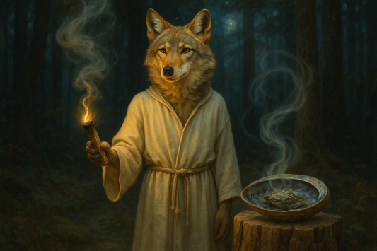 Wolf-like creature in a robe holding a torch in a mystical forest setting