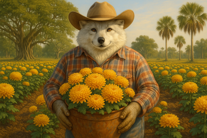 silver fox wearing a cowboy hat and plaid shirt, holding a potted plant in a flower field of yellow mums and  palm trees in the distance.