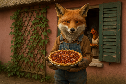 Fox character holding a pie in front of a thatched cozy building with a chicken baking in the background window