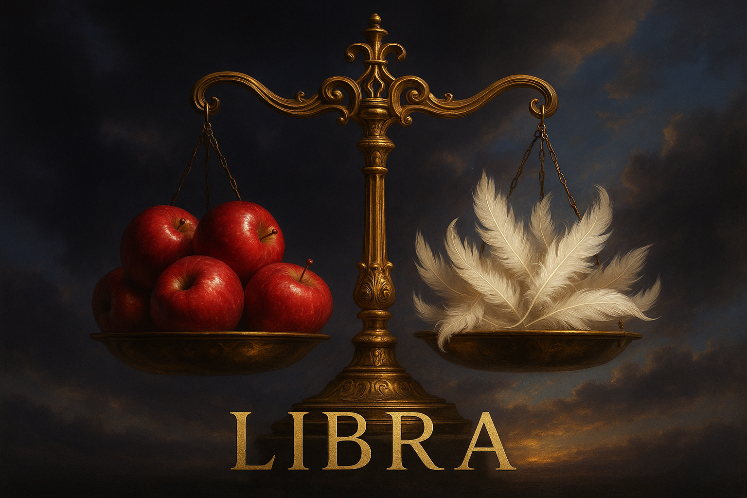 "Libra scale with the word "Libra" apples one one part of the scale and feathers on the other side.