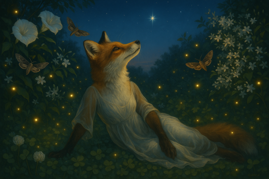 Please make a fantastical, hyper-realistic image in evening with an upright fox, in a semi-translucent gown and fireflies and lighening bugs and sphynx moths and white moon flowers and jasmine bushes and put it into this context:

laying on clover&nbsp;
at predawn
gazing at
bright Venus
so ready
so willing
your nose
inhaling the last of
the night blooms
