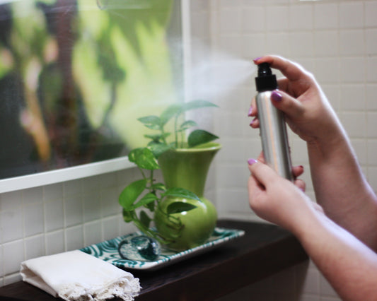 Person holding a spray bottle in front of a shelf with wall art in the background
