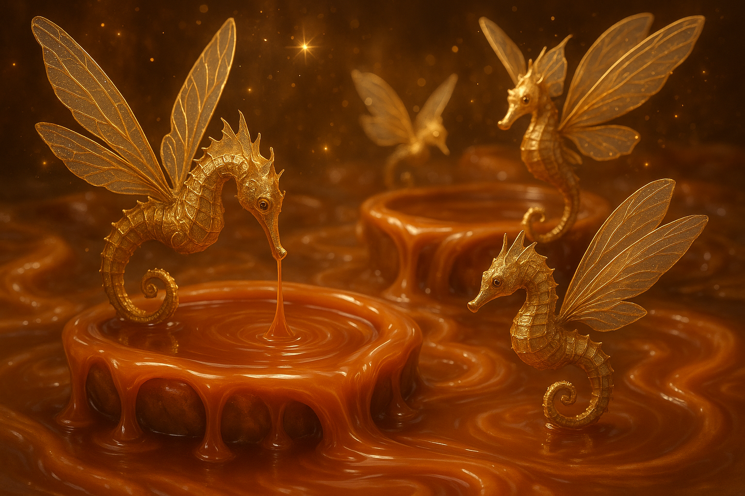 Gold seahorses with wings in a liquid setting
