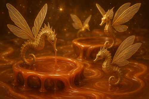 Gold seahorses with wings in a liquid setting