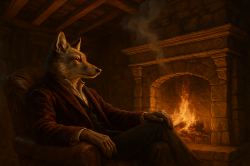 Wolf-like creature in a robe sitting by a fireplace in a cozy room.
