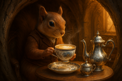Squirrel in a cozy setting inside a tree knot with a cup of coffee and fancy tea set