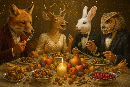 Four animals (fox, deer, rabbit, owl) dressed in formal attire sitting at a table with food and a candle, against a warm, golden background.