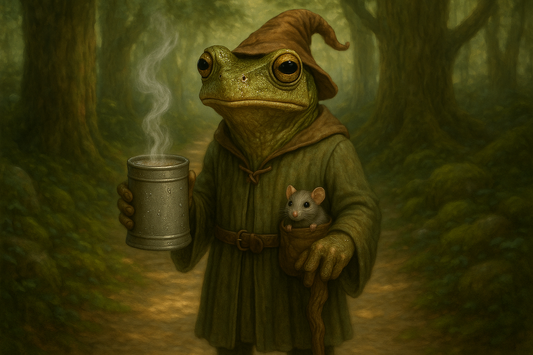 Toad in a wizard costume holding a steaming cup in a forest setting